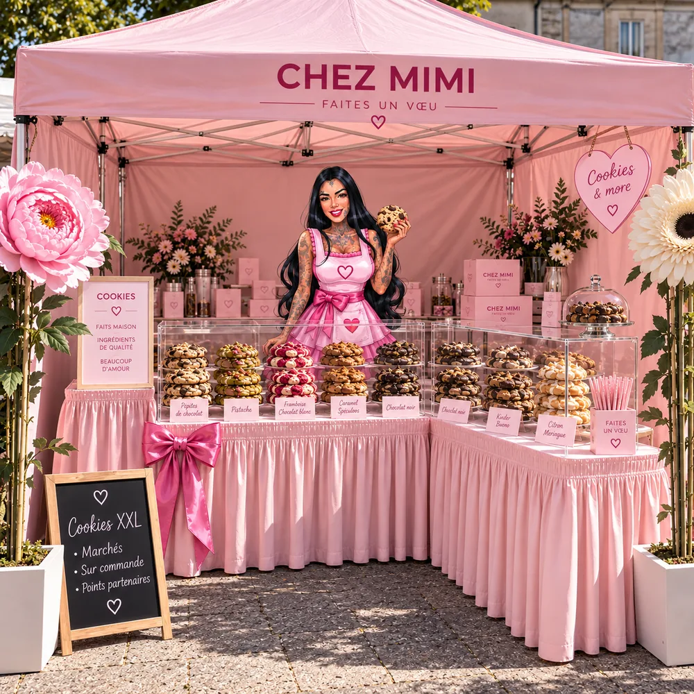 Le stand Chez Mimi sur un marché : tonnelle rose, vitrines de cookies XXL, box et Le Bouquet